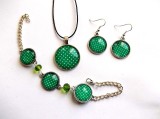 set bijuterii colier, bratara si cercei cu sticla verde cu puncte albe 33626