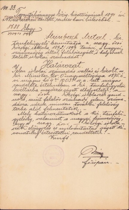 A2534N Semnătura olografă a fișpanului (prefectului) comitatului Torontal, Zombori R&oacute;nay Jenő, 1894