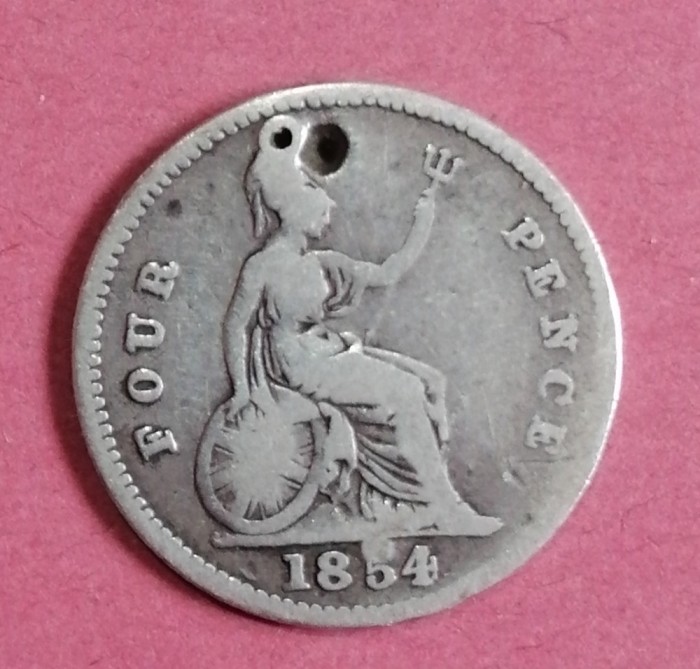 Monedă argint 4 pence 1854 deteriorată