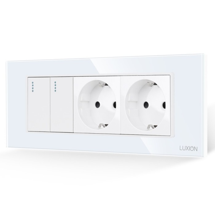 Intrerupator Dublu + 2 Prize cu Rama din Sticla LUXION, Standard Italian, 6M SmartElectro IntelligentHouse