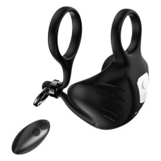 Inel dublu pentru penis ARMONY Manta Scrotum Vibrator, cu vibrator pentru testicule și telecomandă, 9 funcții de vibrație, negru