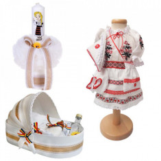 Set botez traditional fetita, trusou botez landou, lumanare si costum