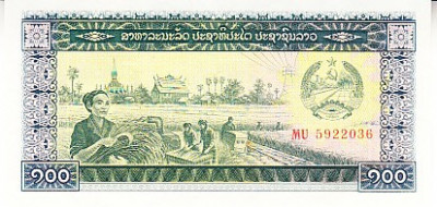 M1 - Bancnota foarte veche - Laos - 100 kip - 1997 foto