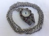 Ceas Medalion Argint Masiv, Granate &amp; Marcasite, Lant 93cm. Bijuterie Antichitate Superba