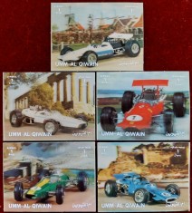 ✅(S3) 1972 UMM Al Qiwain ,&quot;Masini de curse&quot;timbre 3D mari 7.60x5.70 cm,serie,MNH