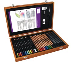 Set Complet Pentru Schite Si Desen Derwent Academy, Cutie Din Lemn, Creioane Colorate, Acuarela Si G foto