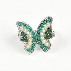 Brosa fluture cu pietre verzi si perle albe