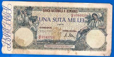 (53) BANCNOTA ROMANIA - 100.000 LEI 1946 (28 MAI 1946), FILIGRAN ORIZONTAL foto