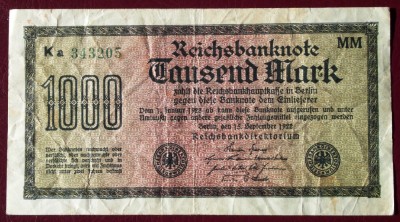 Germania 1.000 1000 Mark 1922 seria verde cu cifre mari 205 ** foto