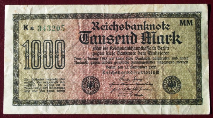 Germania 1.000 1000 Mark 1922 seria verde cu cifre mari 205 **