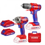 Set Masina de Gaurit si Insurubat si Bormasina de Impact EMTOP ECKL20072, 20V, Motor Fara Perii, 2 Acumulatori 2.0Ah, 1300/2100rpm, Cuplu 300 Nm/45 Nm