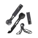 Cumpara ieftin Lingura multifunctionala tip spork cu cutit, desfacator si fluier, metal negru, cu teaca protectie