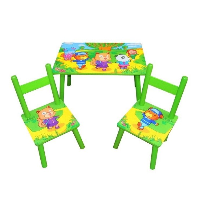 Set masuta cu doua scaune pentru copii, din MDF, verde , 59x39x40 cm