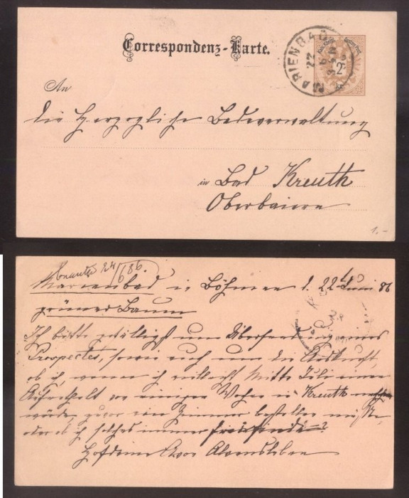 Austria 1886 Postal History Rare Old postcard Postal stationery Marienbad DB.025