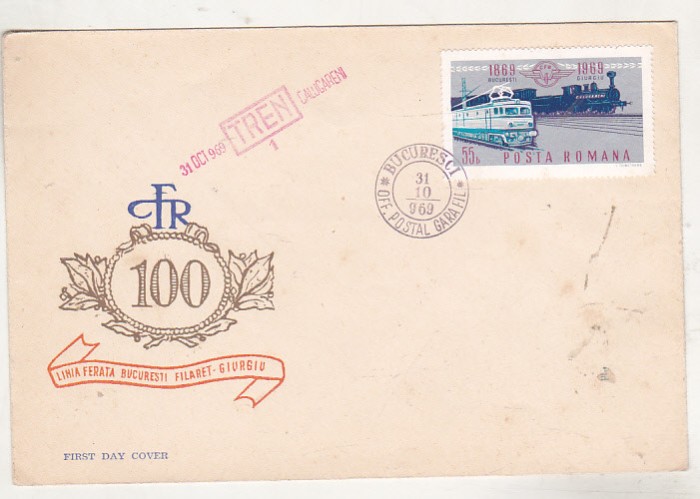 bnk fil FDC - 100 ani linia ferata Bucuresti Filaret - Giurgiu - 1969