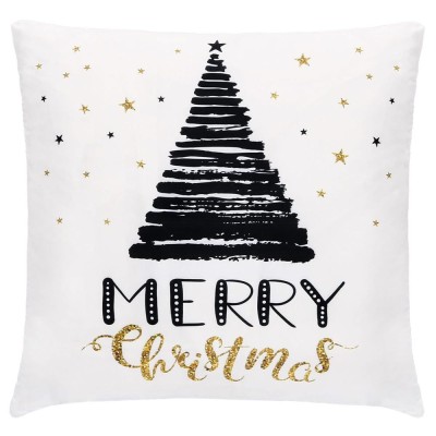 Fata de perna decorativa Merry Christmas, cu fermoar, 40 x 40 cm, poliester, alb foto