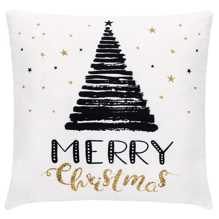 Fata de perna decorativa Merry Christmas, cu fermoar, 40 x 40 cm, poliester, alb