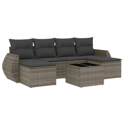Set canapele de gradina, 7 piese, cu perne, gri, poliratan foto