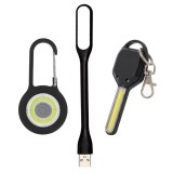 Cumpara ieftin Set iluminare portabil multifunctional, lampa USB flexibila 1.5W 16.8 cm + breloc LED carabiniera + breloc LED compact, 5V, negru, pentru laptop, rucs
