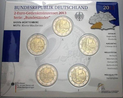 GERMANIA 2013 - 5 x 2 euro comemorativ -Kloster Maulbronn -A,D,F,G,J -blister/BU foto