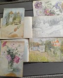 Cumpara ieftin Anii 50 Lot Aglaia Rosei Rădulescu, 2 caiet schite si 3 acuarele semnate Tg Ocna, Natura, Acuarela, Realism