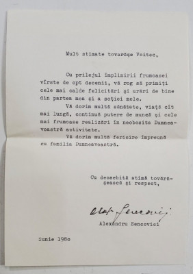 SCRISOARE DE FELICITARE PENTRU ZIUA DE NASTERE , DESTINATA LUI STEFAN VOITEC , VICEPRESEDINTE AL CONSILIULUI DE STAT AL R.S.R. , IUNIE , 1980 foto