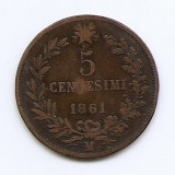 Italia 5 Centesimi 1861 M - Vittorio Emanuele II, Bronz, 25 mm KM# 3.2, Europa