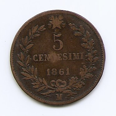 Italia 5 Centesimi 1861 M - Vittorio Emanuele II, Bronz, 25 mm KM# 3.2 foto