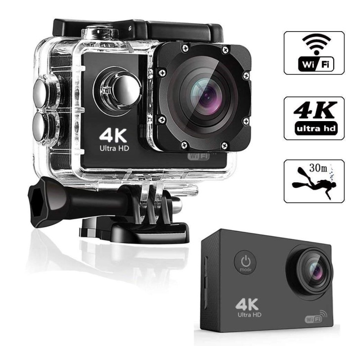 Camera video sport ZYTEQ&reg;️ K20, WI-FI, 4K Ultra HD, 16 Megapixel, 30fps, ecran LCD de 2 inch, carcasa Waterproof, inregistrari video sport, neagra