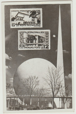 1939 Ilustrata filatelica Expozitia New York grafica timbre, actor Faraianu Cluj foto