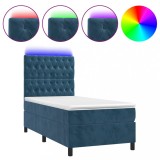 Cumpara ieftin Pat cu arcuri, saltea si LED, bleumarin, 90x190 cm, catifea