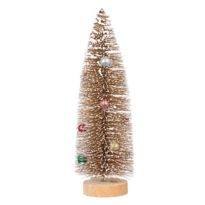 Brad Decorativ Crăciun, Bej, Nins, Globuri Glitter, 25cm, Bază Lemn