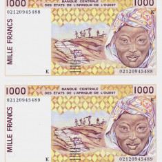 Bancnota Statele Africii de Vest 1.000 Franci 2002 - P711Kl ( x2 consecutive )