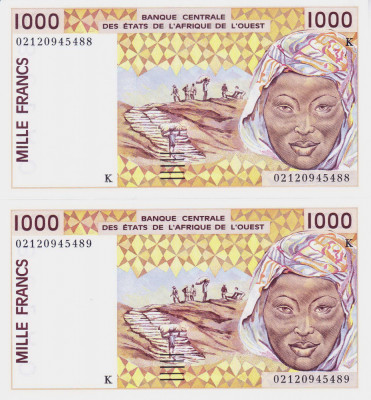 Bancnota Statele Africii de Vest 1.000 Franci 2002 - P711Kl ( x2 consecutive ) foto