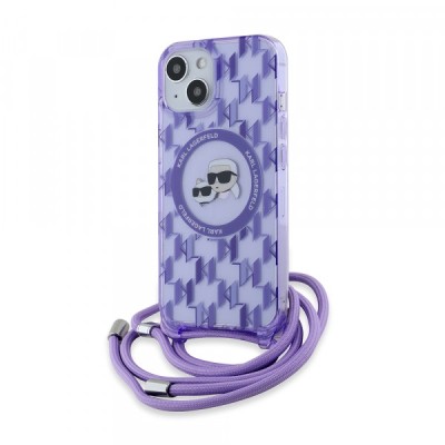 Husa MagSafe pentru Apple iPhone 15, Karl Lagerfeld, IML Crossbody Monogram Karl &amp;amp; Choupette&amp;#039;s Heads, Mov foto