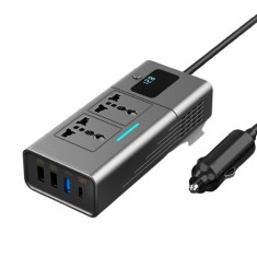 Invertor Auto iSEN 200W Gri, DC12V la AC110V 220V, Multiple Interfete, Ecran Digital, QC3.0 si PD Incarcare Rapida, Protectie Supratensiune, Ventilare