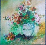 Pictură originală ulei pe p&acirc;nză &bdquo;Buchet colorat &icirc;ntr-o vază albă&rdquo; 20x20 cm, pe șasiu. Certificat cu semnătura și ștampila artistului