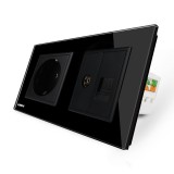 Cumpara ieftin Priza dubla Livolo cu rama din sticla neagra, Schuko + TV/internet