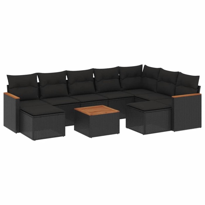 Set canapele de gradina cu perne, 10 piese, negru, poliratan