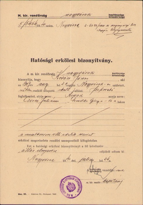 HST A1220 Certificat de moralitate 1941 Oradea