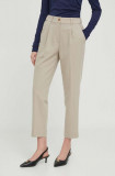 Sisley pantaloni femei, culoarea bej, drept, high waist