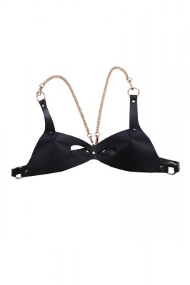 BRA126-1 Sutien fetish negru din bezi piele ecologica si lanturi foto