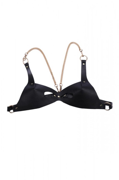 BRA126-1 Sutien fetish negru din bezi piele ecologica si lanturi