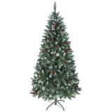 HOMCOM Brad de Crăciun &Icirc;nalt &Icirc;nzăpezit 180 cm cu 620 de Ramuri, Brad Artificial de Interior cu Conuri și Boabe Roșii Decorative, Bază din Metal, Verde