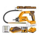 Vibrator beton INGCO CCVLI2025021E, 20V, Brushless, 0-2500 RPM, frecventa vibrare 190Hz, tija 35x1200mm, 2 acumulatori 2Ah, incarcator inclus