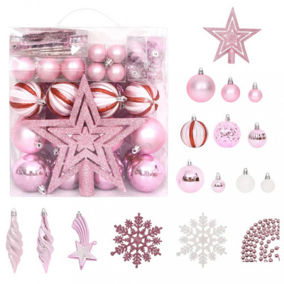 vidaXL Set globuri de Crăciun, 65 piese, roz / roșu / alb foto