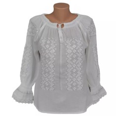 Bluza Tip Ie Traditionala Alba cu Motiv Geometric Argintiu de Dama - IMS117
