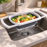 Strecurătoare pliabilă din plastic, 5,5 L, alb și gri, cu m&acirc;nere extensibile, CMCLASS
