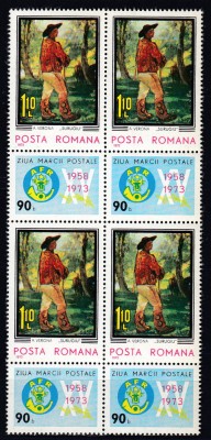 ROMANIA 1973 LP 834 ZIUA MARCII POSTALE ROMANESTI - SURUGIU BLOC DE 4 TIMBRE MNH foto