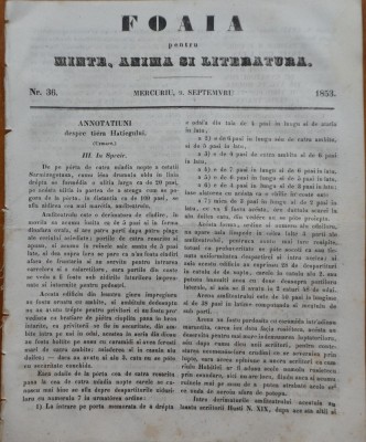 Foaia pentru minte , inima si literatura , nr. 36 , 1853 , Brasov , Muresanu foto